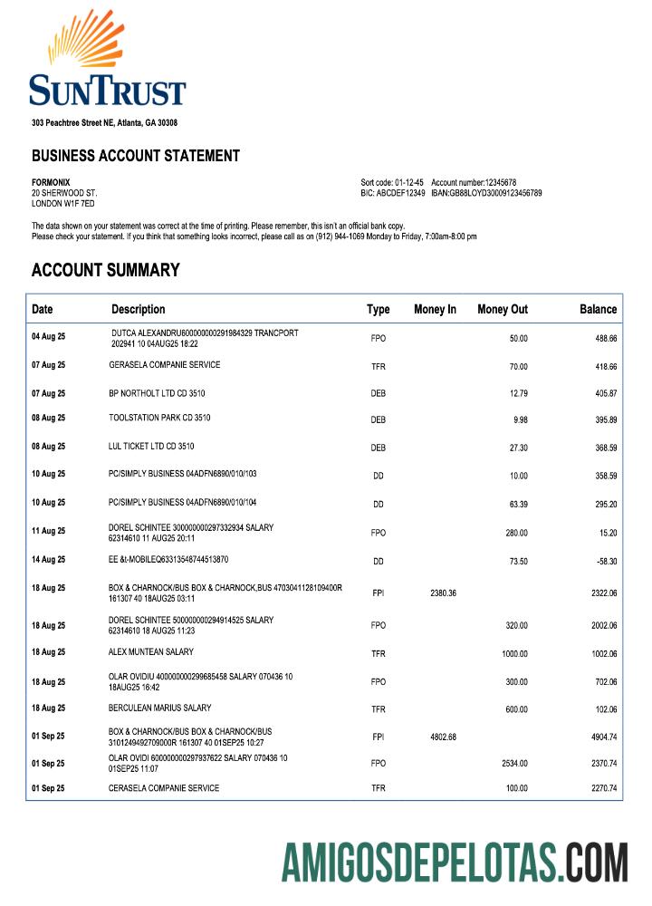 Realista USA Georgian Sun Trust Enterprise modelo de extrato de conta Word e PDF